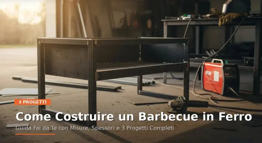 Barbecue in costruzione, con saldature visibili su una struttura in ferro. Attrezzi da lavoro e saldatrice rossa suggeriscono la lavorazione dell'acciaio temprato.