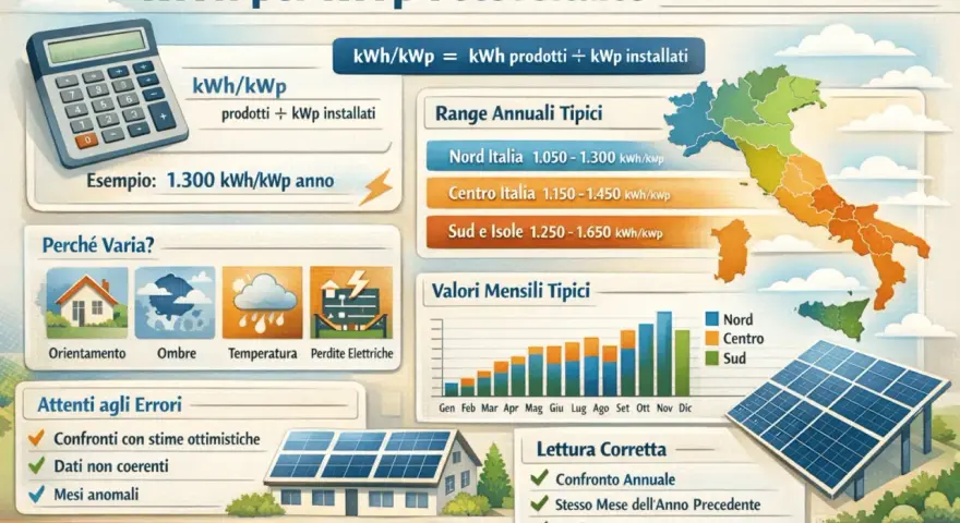 Infografica su kWh per kWp fotovoltaico in Italia, con dati su produzione, range annuali e mensili, e fattori che influenzano la potenza.
