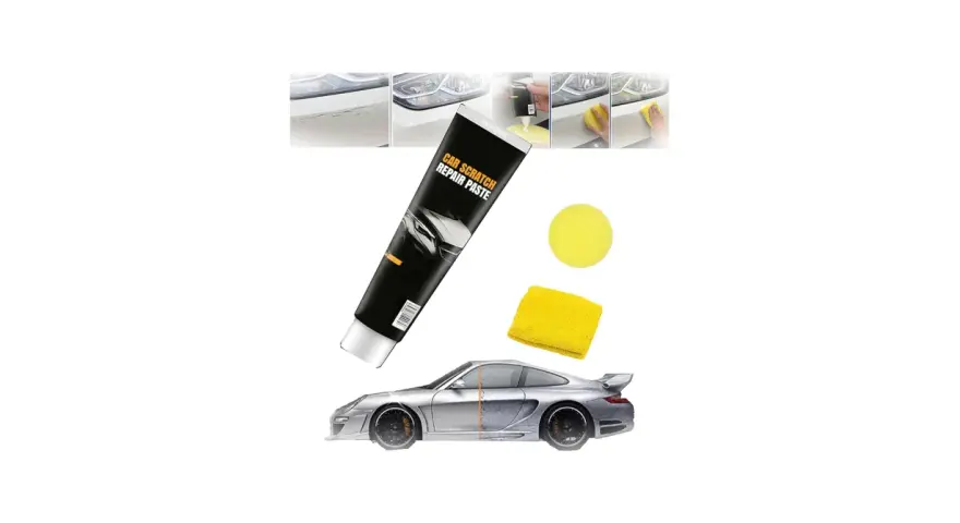 Car scratch repair paste tube, yellow sponge, microfiber cloth, and a car split to show before/after repair.