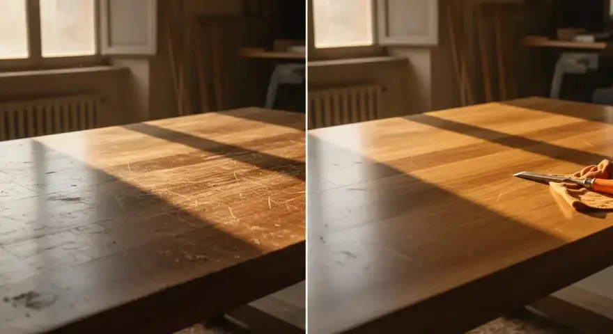 Prima e dopo: un vecchio tavolo di legno graffiato viene riportato a nuova vita. Uno scalpello e un panno arancione sono pronti per il restauro.