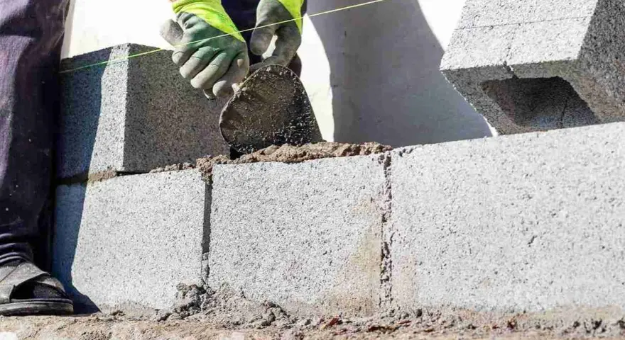 Mani guantate stendono cemento per coprire un muro esterno di cemento, posando blocchi.