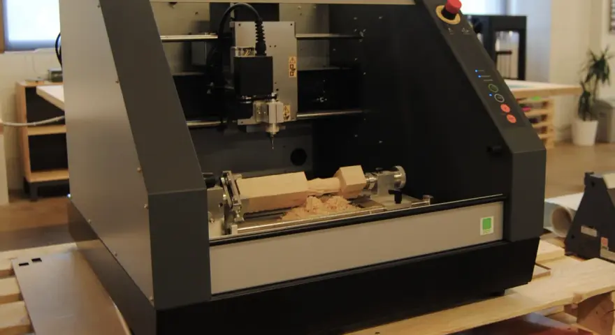 Macchina CNC in azione, che mostra come fresare il legno con trapano, creando trucioli di legno.