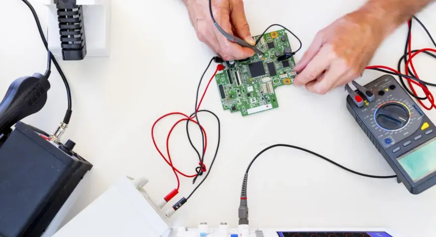 Mani che usano un multimetro per regolare uno strumento di misura su una scheda elettronica.