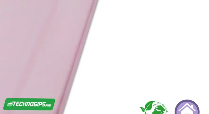 Lastra rosa Technogips Pro, con logo e certificazioni ambientali. Il cartongesso è ignifugo, garantendo sicurezza in casa.