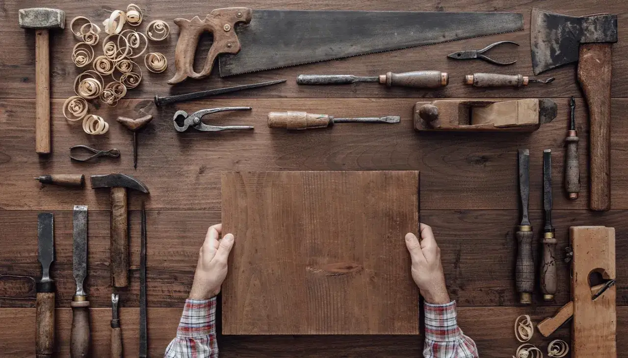 Mani che preparano il legno per tagliare a mano. Attrezzi da falegname disposti su un tavolo di legno.
