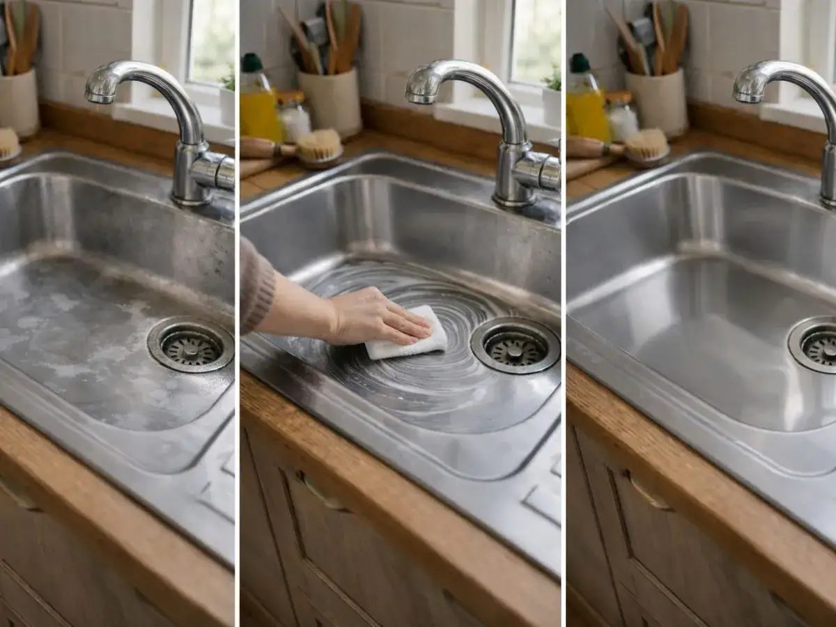 Tre immagini affiancate mostrano come pulire acciaio con aceto: prima un lavello opaco, poi una mano che lava con spugna e schiuma, infine il lavello splendente.
