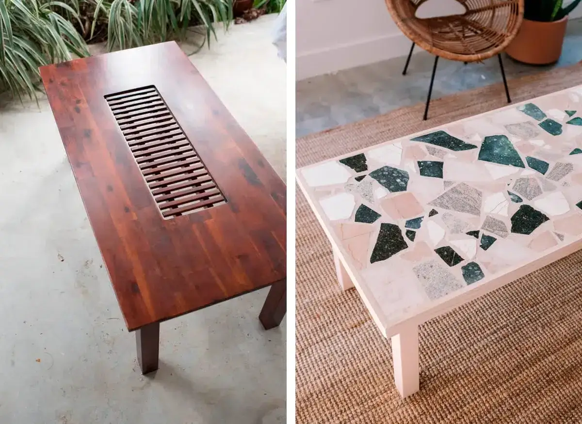 Prima e dopo: un vecchio tavolo di legno con inserto a listelli trasformato con un piano in terrazzo colorato.