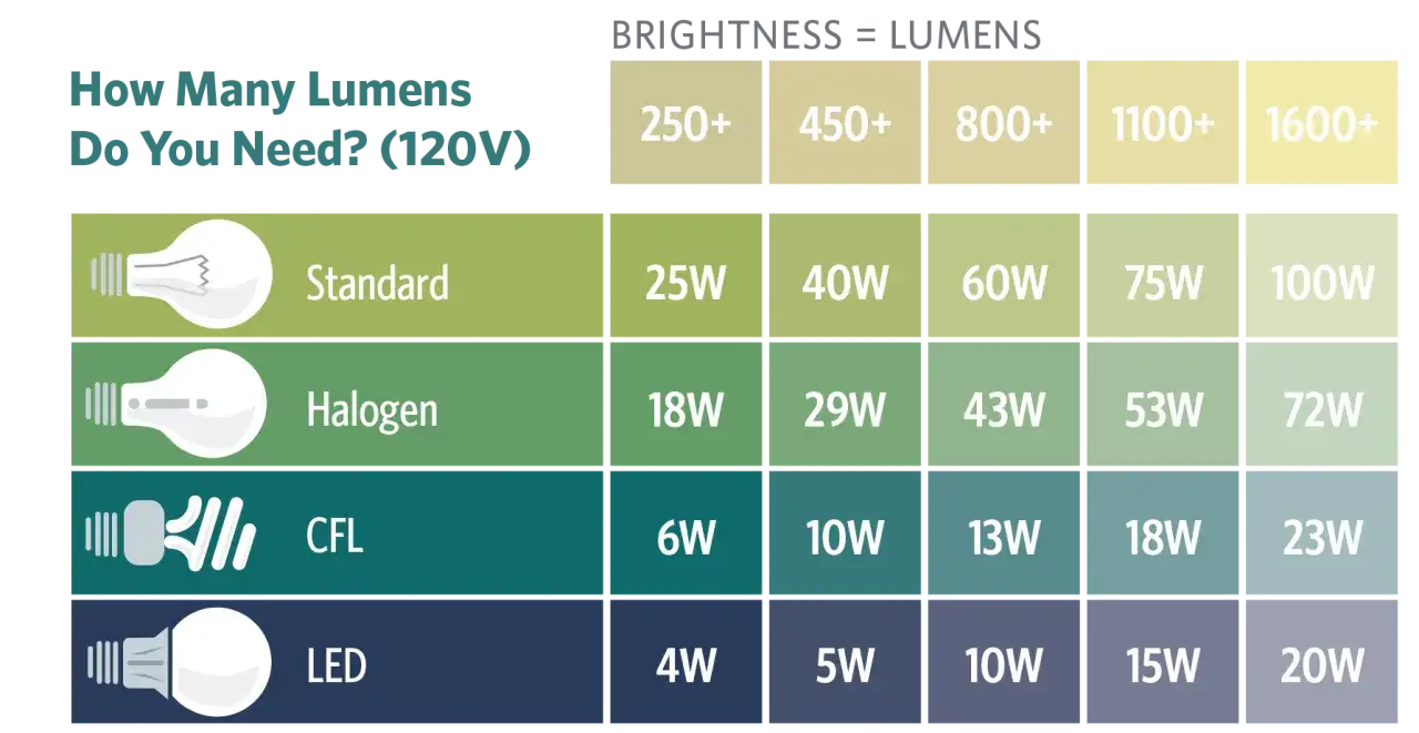 Tabella comparativa: quale lampadina fa pi&ugrave; luce? Confronta lumen e watt per Standard, Halogen, CFL e LED.