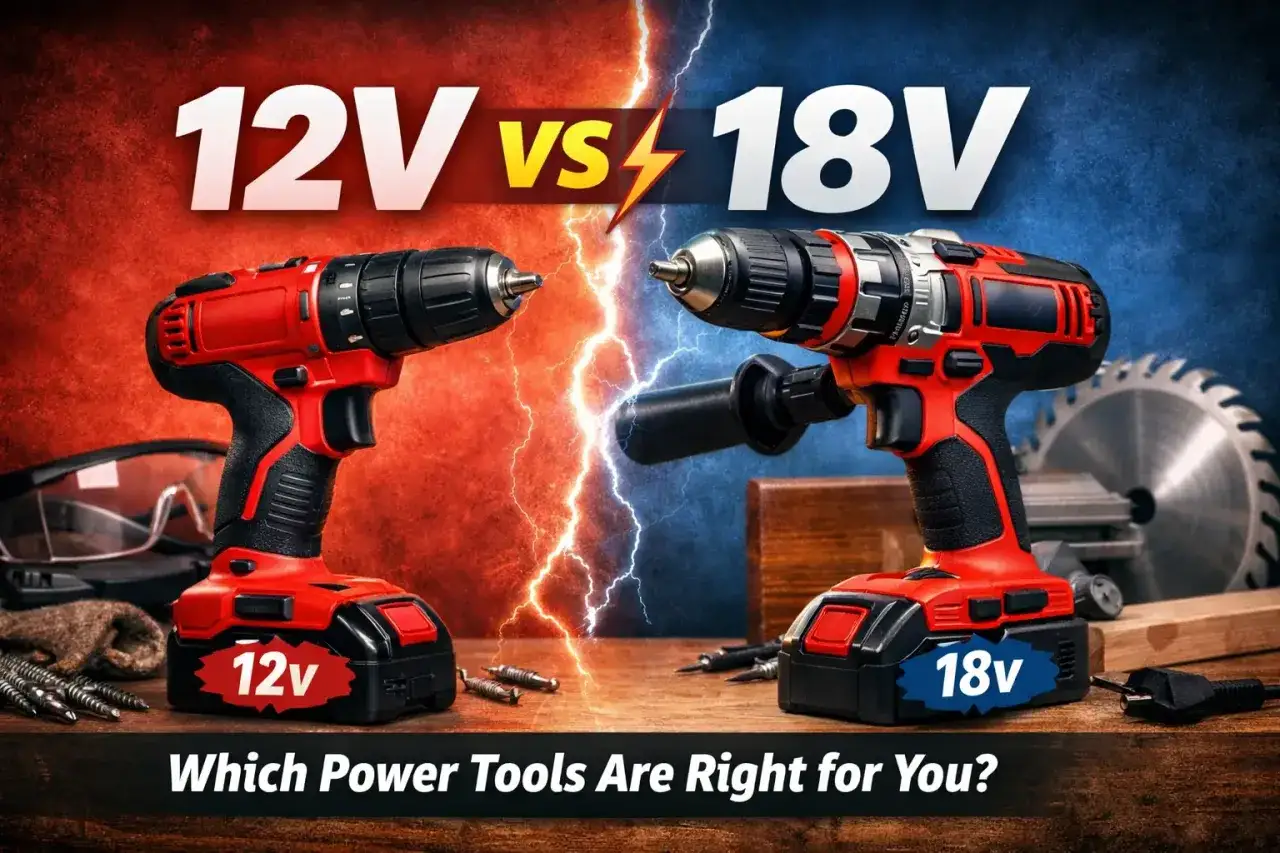 Trapano avvitatore: quale scegliere tra 12V e 18V? Confronto tra i due modelli con fulmini e sfondo diviso.