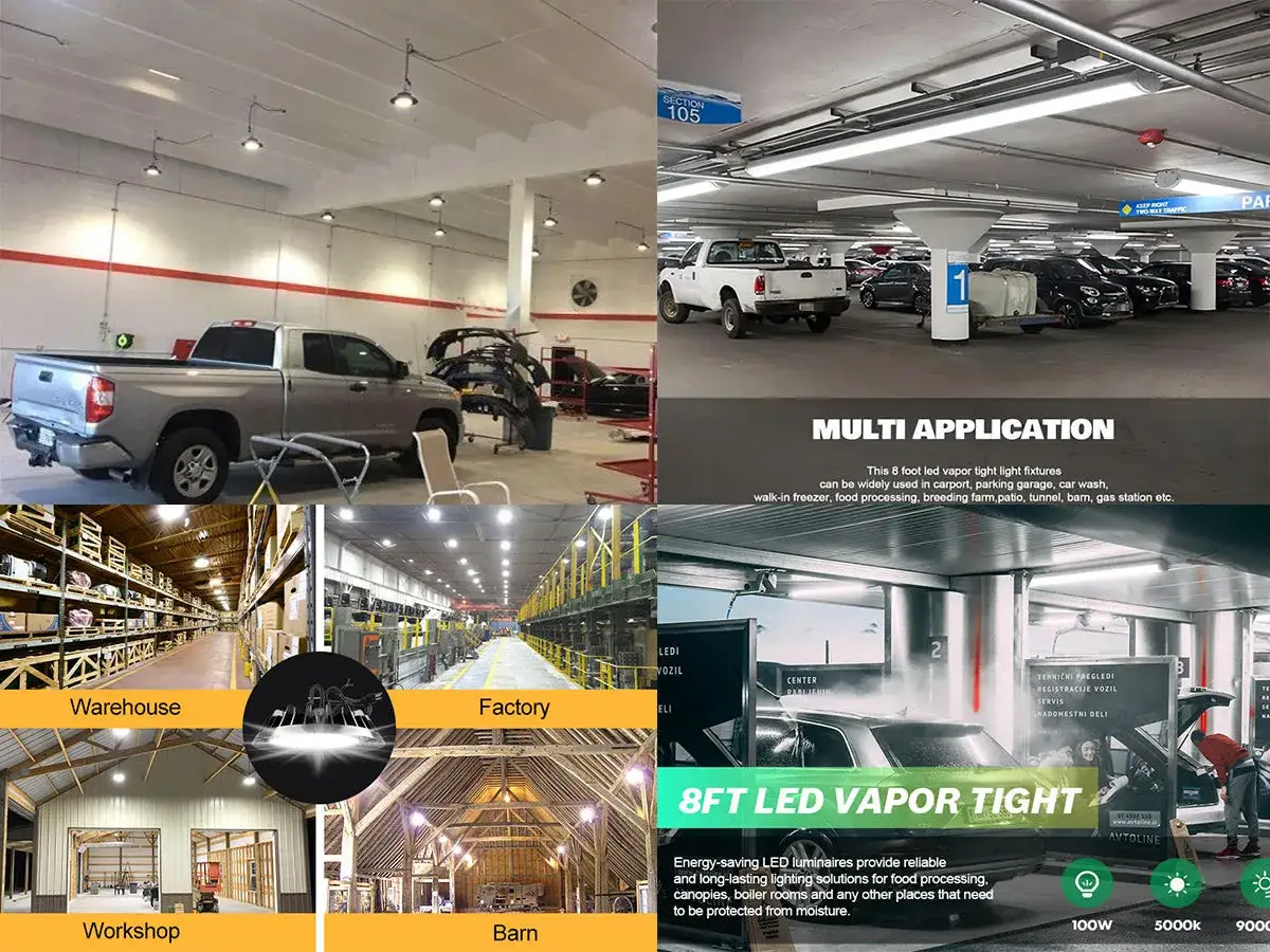 Vari tipi di lampade LED per diverse applicazioni: officina, magazzino, fabbrica, fienile e garage.