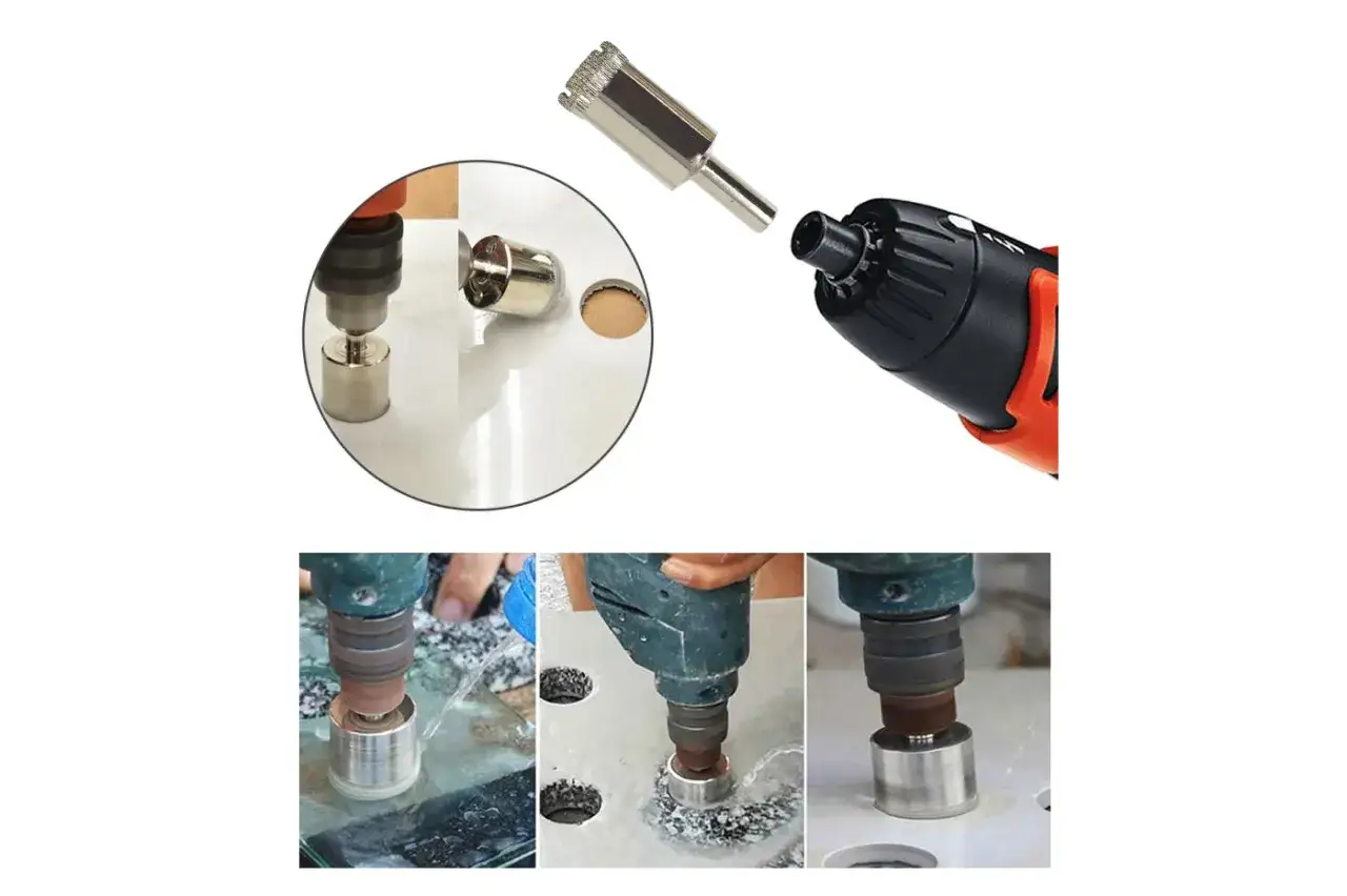 Punte diamantate per forare granito e materiali duri. Immagini mostrano l'uso su piastrelle e marmo.