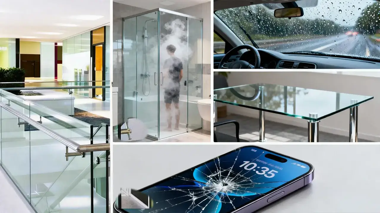 Vetro temperato: significato di sicurezza in docce, auto, tavoli e schermi di smartphone.