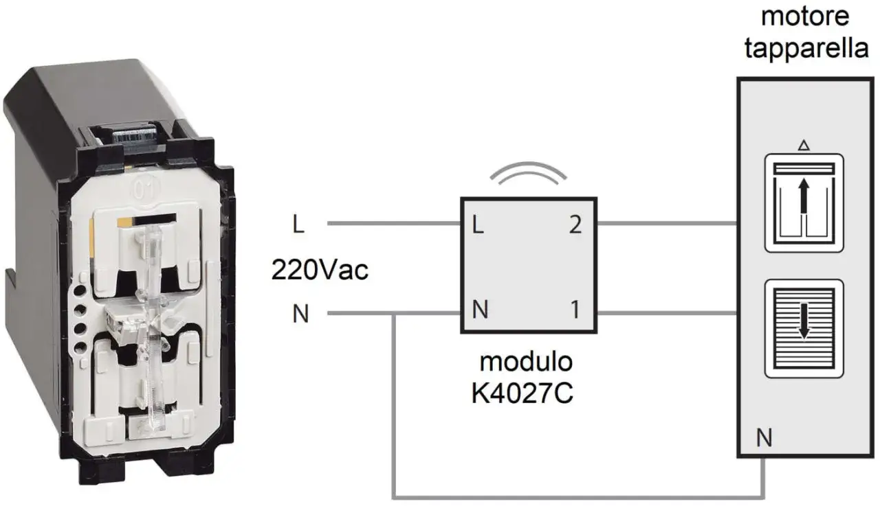 Schema elettrico per come motorizzare una tapparella con modulo K4027C. Componente nero e schema con frecce su e gi&ugrave;.