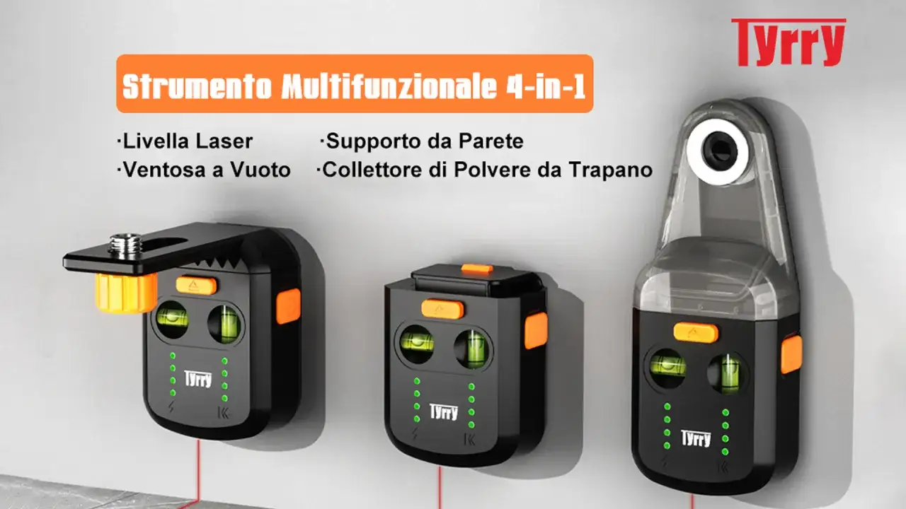 Strumento multifunzione 4-in-1: livella laser, supporto da parete, ventosa e collettore polvere. Scopri come si usa la livella laser per lavori precisi.