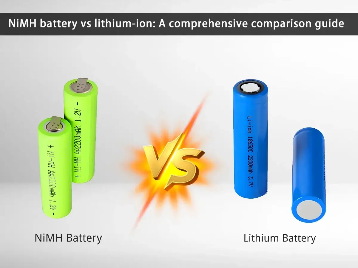 Confronto tra batterie NiMH e litio: due batterie cilindriche, verdi NiMH e blu litio, mostrano le loro differenze.