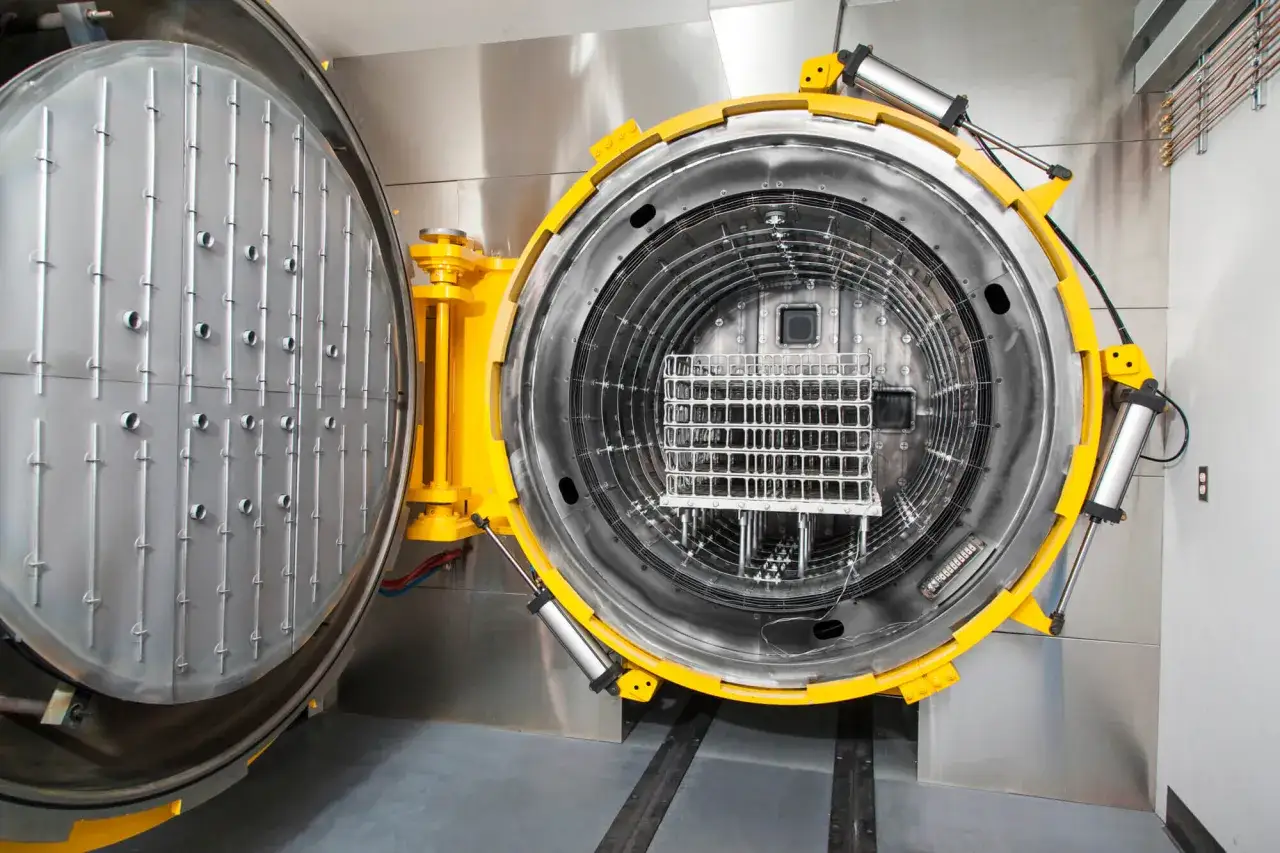 Forno industriale aperto, con griglia interna per la tempra acciaio inox. Porta chiusa con pannello metallico.