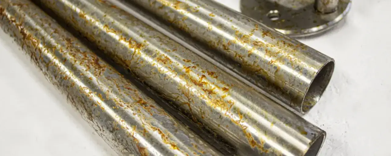 Tubolari metallici con segni di ruggine e ossidazione, dove l'acciaio annerisce e si macchia di giallo-marrone.