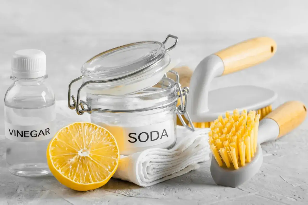 Aceto, bicarbonato, limone e spazzole per pulire le macchie ruggine su acciaio inox.