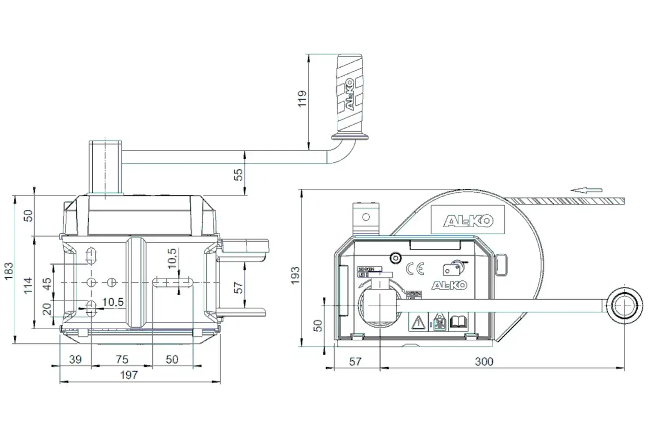 Disegno tecnico di un argano/verricello AL-KO con quote. Mostra la differenza tra argano e verricello attraverso le sue dimensioni e componenti.