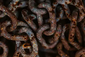 Dettaglio di una catena di ferro arrugginita, con macchie di ossido marrone e grigio. Utile per capire come togliere la ruggine da una catena di ferro.