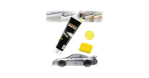 Car scratch repair paste tube, yellow sponge, microfiber cloth, and a car split to show before/after repair.