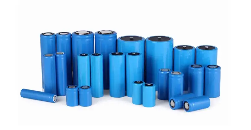 Un gruppo di batterie cilindriche blu, alcune NiMH, altre al litio, di varie dimensioni, disposte su sfondo bianco.