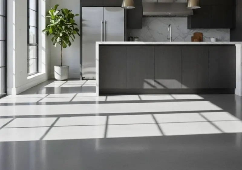 Luminoso soggiorno con un elegante **pavimento resina** grigio chiaro. La luce solare crea un gioco di ombre geometriche sulla superficie liscia.