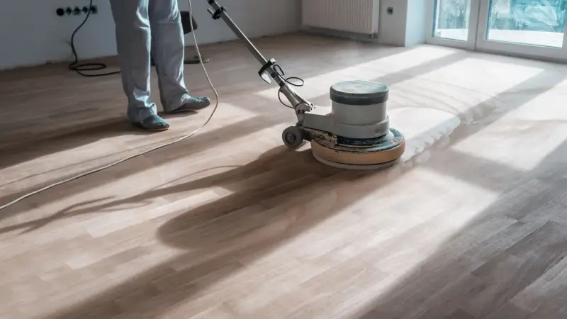 Un professionista usa una levigatrice per decerare il parquet, sollevando una nuvola di polvere.