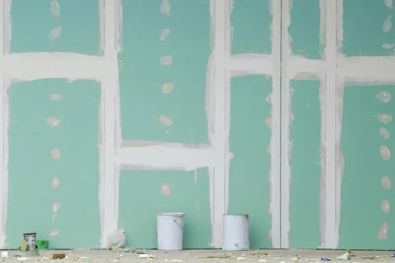 Pareti in cartongesso in fase di finitura, con stuccatura delle giunzioni. Si nota lo spessore delle pareti in cartongesso e due secchi di vernice.
